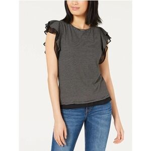 Maison Jules Black Striped Ruffle Sleeve Top XS